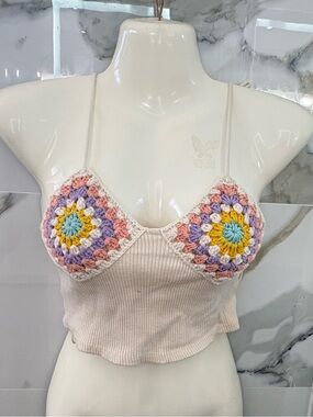 Zara Cream Ribbed Crop Top with Pastel Multicolor Crochet Cups